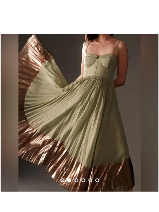 Anthropologie Dresses & Skirts - Anthropologie Sage Green Midi Dress with Metallic Bronze Hem